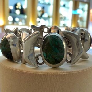 Mexican Sterling Silver Green Stone Bracelet Taxco Hallmark
